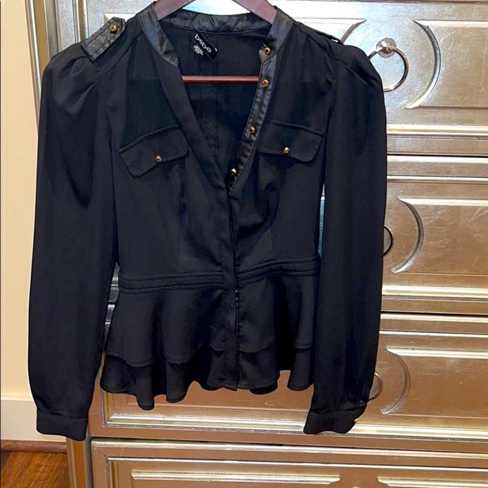 bebe satin and leather black top